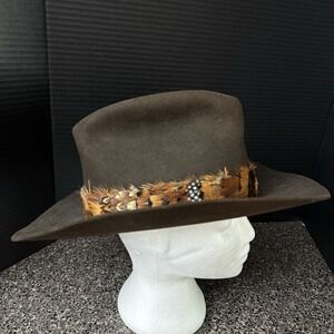 Stetson XXXX 4X Beaver Felt Cowboy Hat Feather Band 7 3/8 USA Duhamel Vintage
